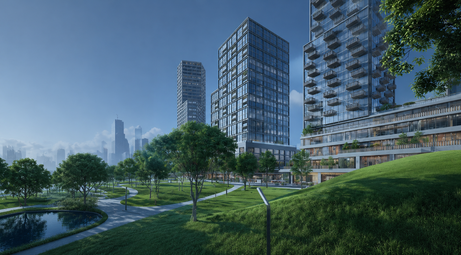 Luxury residential towers in a green urban community